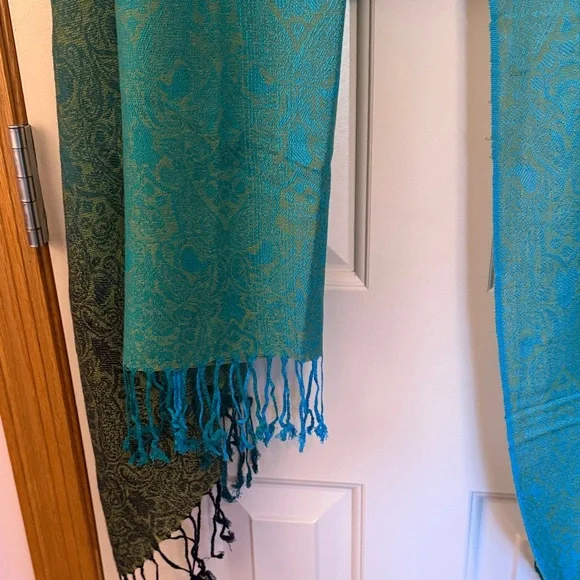 Green, Blue and Gold Paisley Wrap with Fringe - Picture 3 of 5